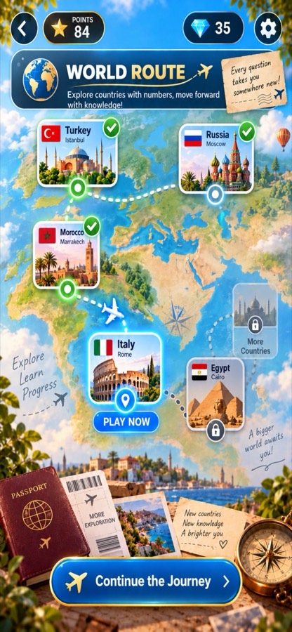 World Route map with completed and locked countries